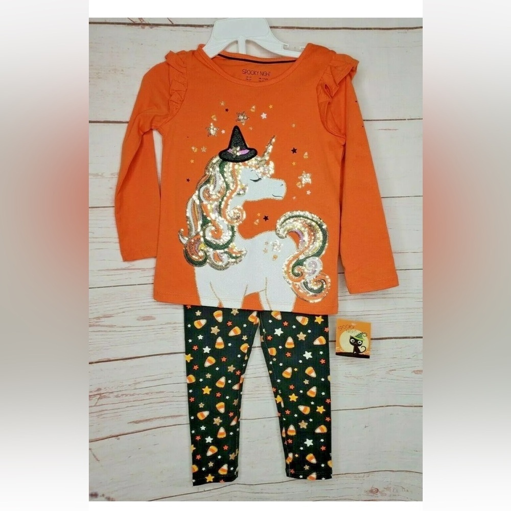 🎃Spooky‎ Night Sequin Unicorn & Candy Corn Design Pajama Pants And Shirt Set​​
